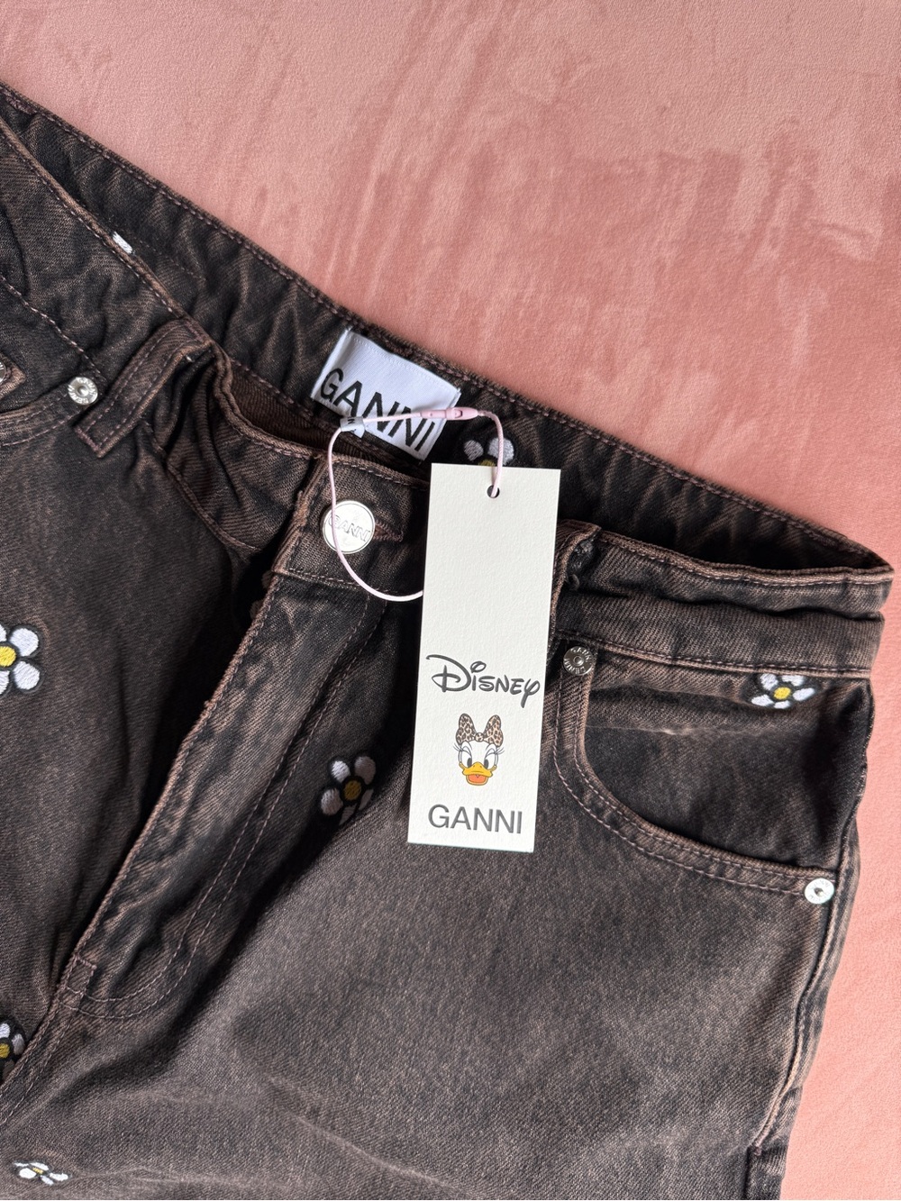Ganni Black Daisy-Embroidered High-Rise Jeans